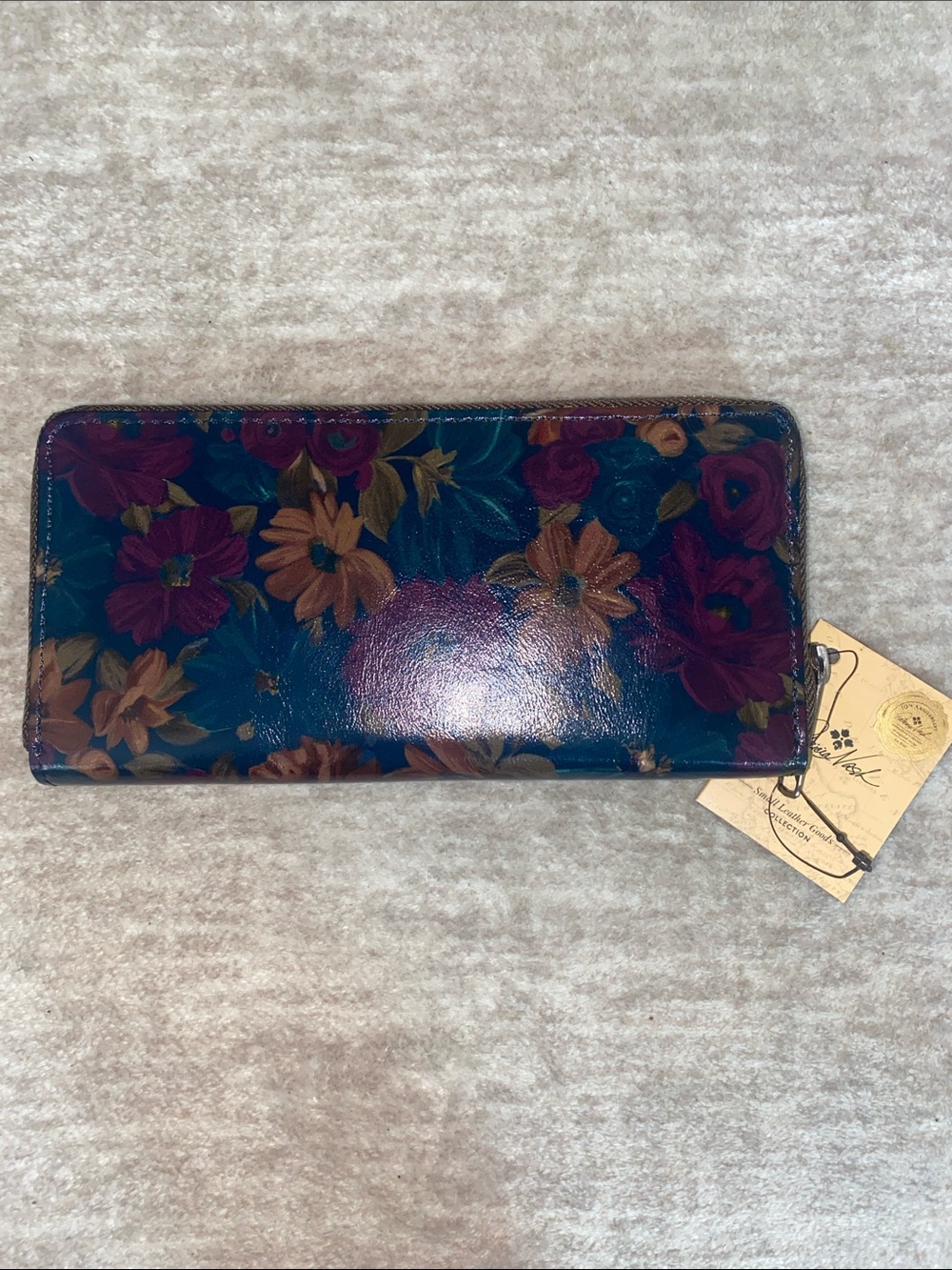 Patricia Nash Lauria Leather Teal Multi Floral Zip Around Wallet. Italian Goods